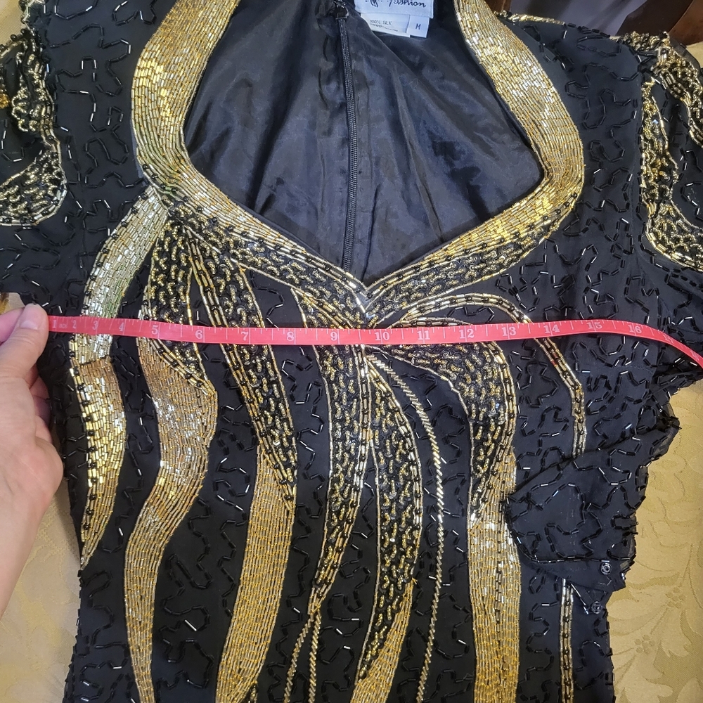 Vintage black & gold full length silk beaded formal gown - Picture 7 of 13